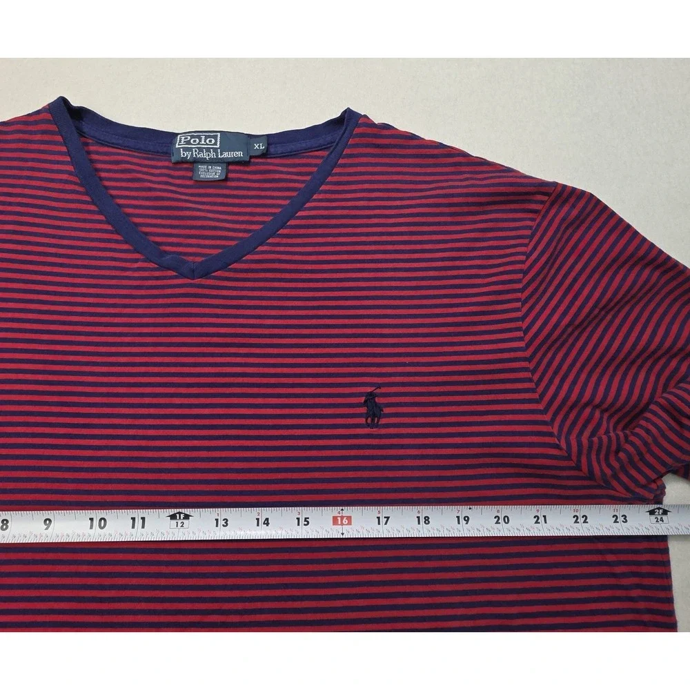 Polo Ralph Lauren Mens XL V-Neck Short Sleeve Shirt Blue Red Striped‎ Pony Logo